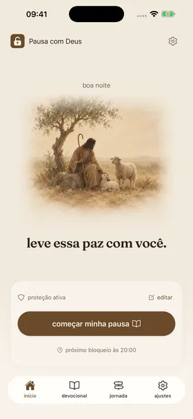 Tela inicial atual com a ilustração do pastor e o botão começar minha pausa