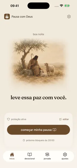 Tela inicial atual com a ilustração do pastor e o botão para começar a pausa