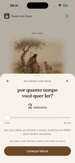 Seletor de tempo de leitura da Bíblia, com duração entre 2 e 60 minutos