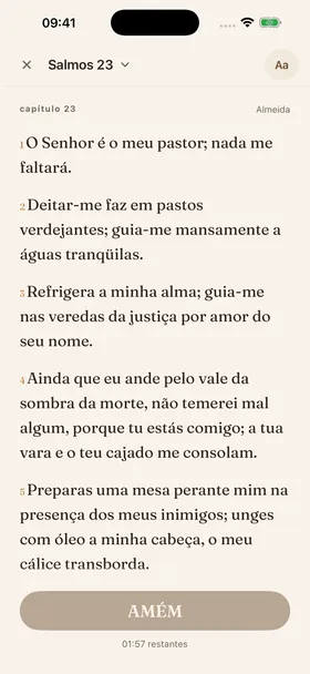 Leitor bíblico atual com Salmos 23, timer e botão AMÉM