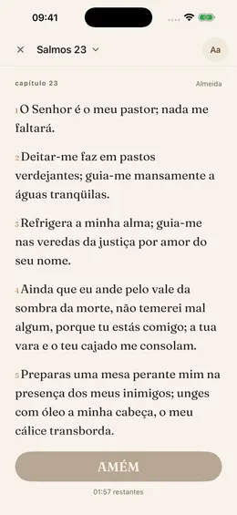 Leitor de Salmos 23 com texto completo, contagem do tempo e botão AMÉM